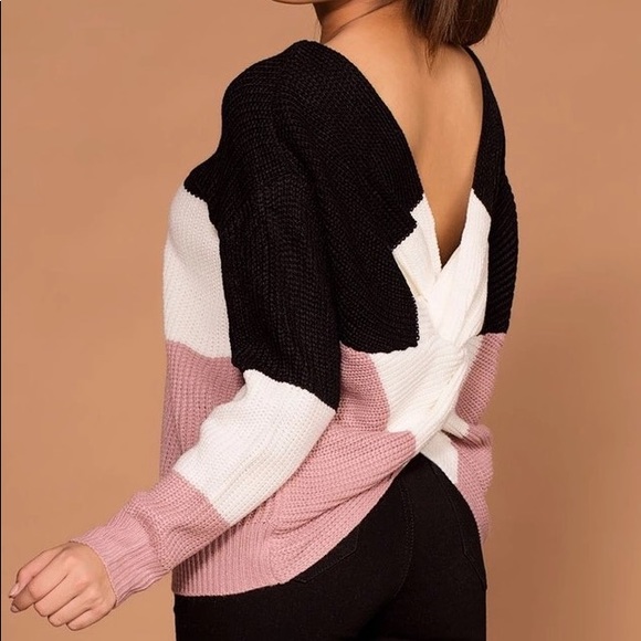Black Combo Color Block Twist Back Sweater - Picture 2 of 8
